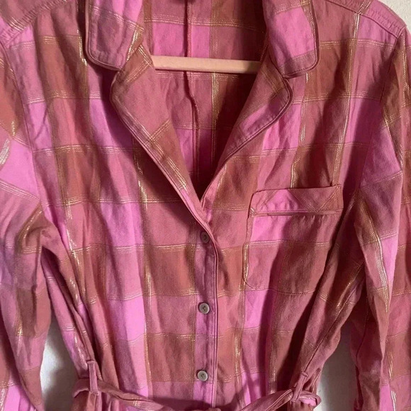 Victoria’s Secret Flannel Tie Romper Cherry Plaid Gold Trim Y2K Loungewear S - Picture 5 of 13